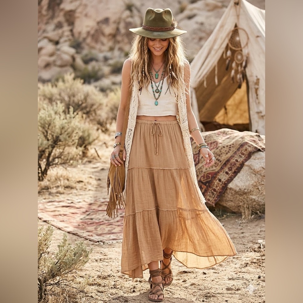 Cotton Boho Tiered Maxi Skirt Camel Brown boho hippie lightweight sz 3XL summer